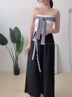 【T933】Lace Ribbon Wide Leg Pants 蕾丝绑带显瘦西装阔腿裤