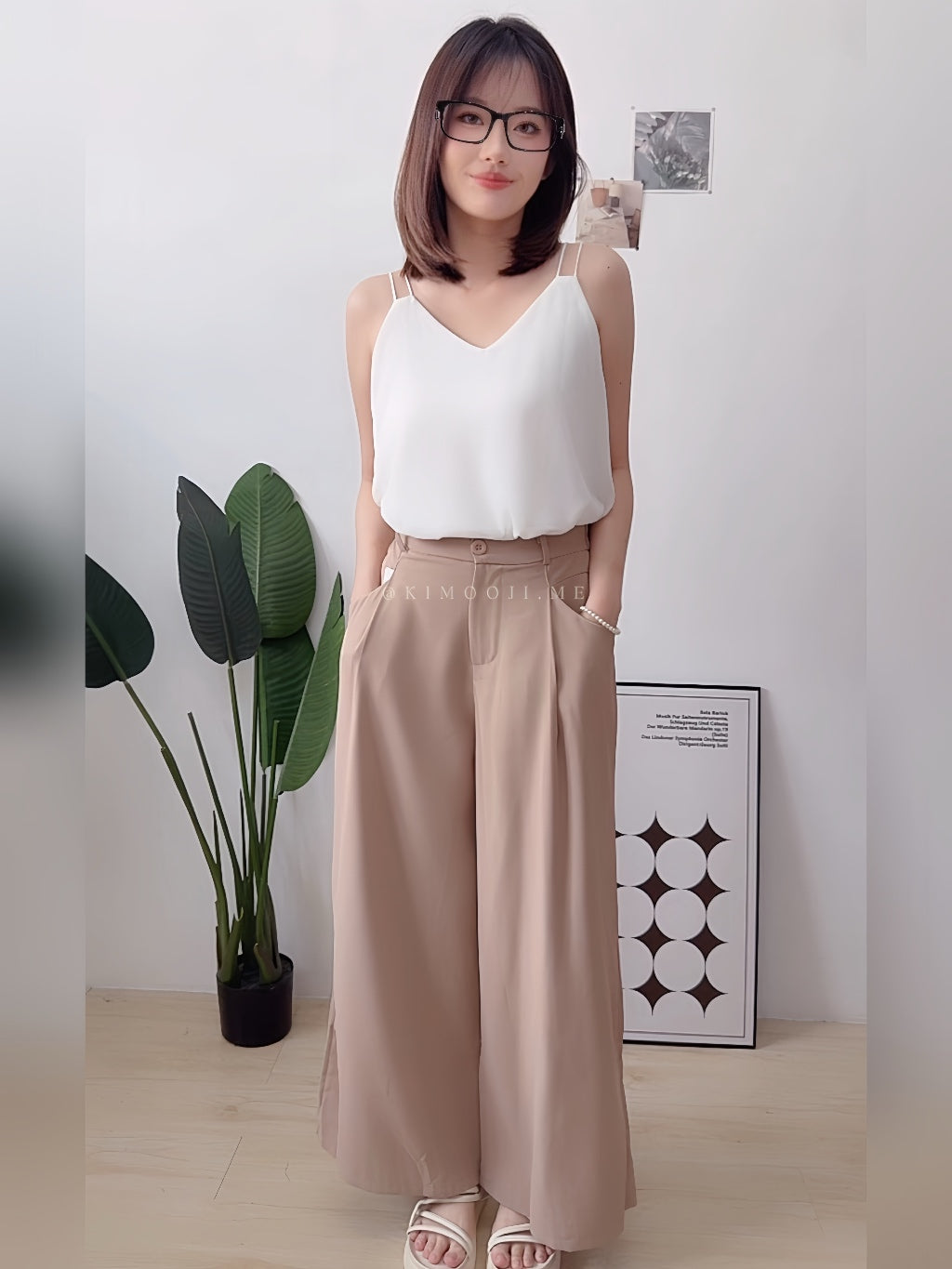 【T933】Lace Ribbon Wide Leg Pants 蕾丝绑带显瘦西装阔腿裤