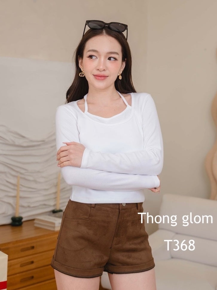 【T991】ThongGlom挂脖假两件纯棉长袖上衣女