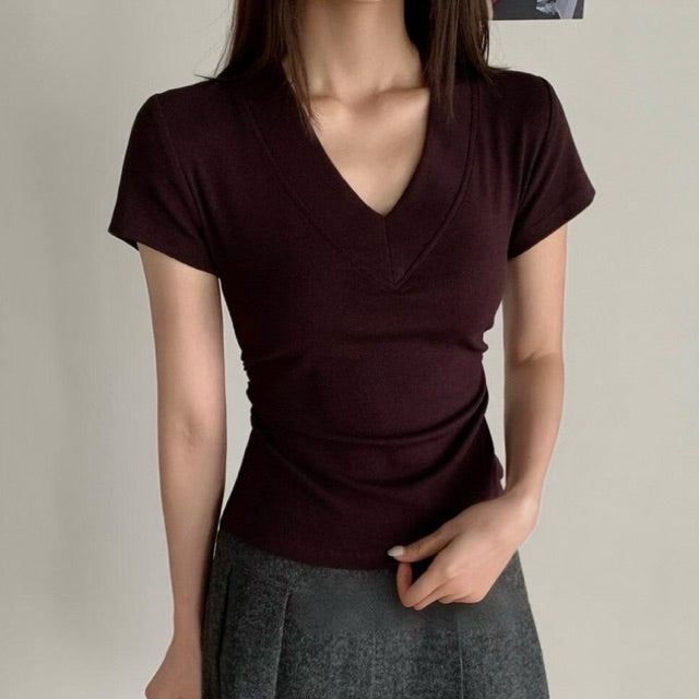 【T871】Ribbed V-Neck Slim Fit Tee ✨