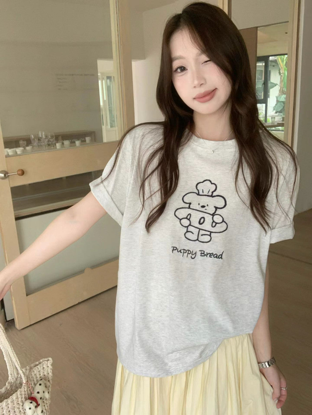 【T-1146】韩系减龄小狗 Oversize T恤 Women Cute Puppy Embroidery Loose Tee 显瘦百搭短袖 T-Shirt 爽滑棉 MD8078