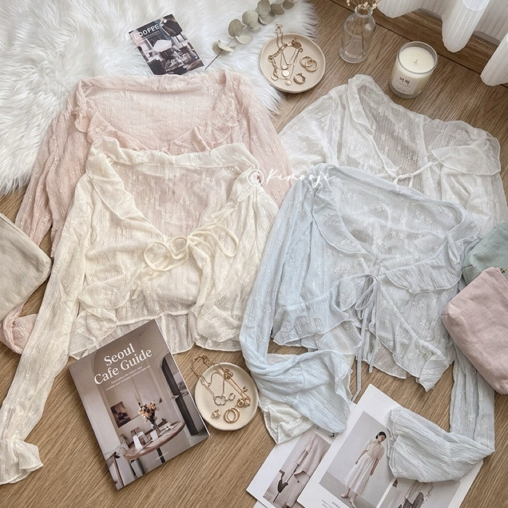 【T-1194】温柔风木耳边蕾丝防晒罩衫 Sweet Floral Lace Ruffle Outer