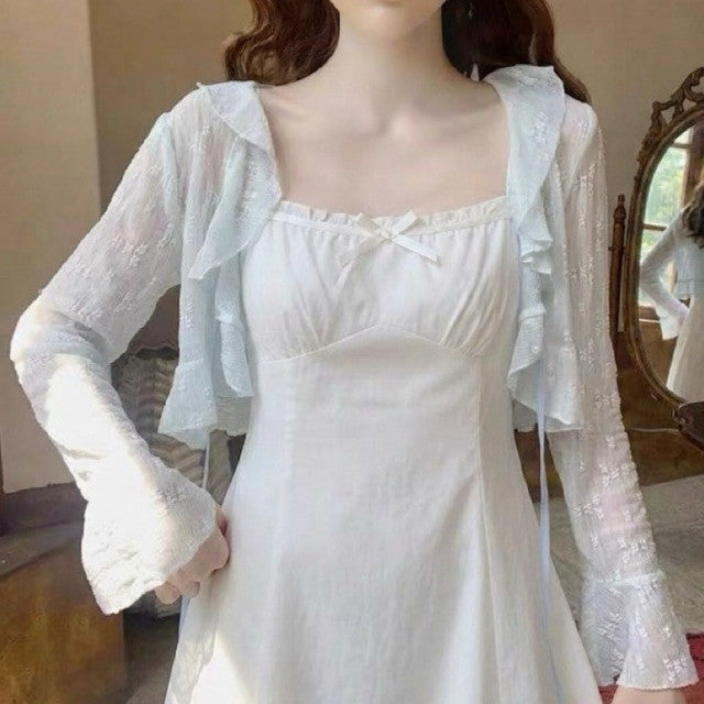 【T-1194】温柔风木耳边蕾丝防晒罩衫 Sweet Floral Lace Ruffle Outer