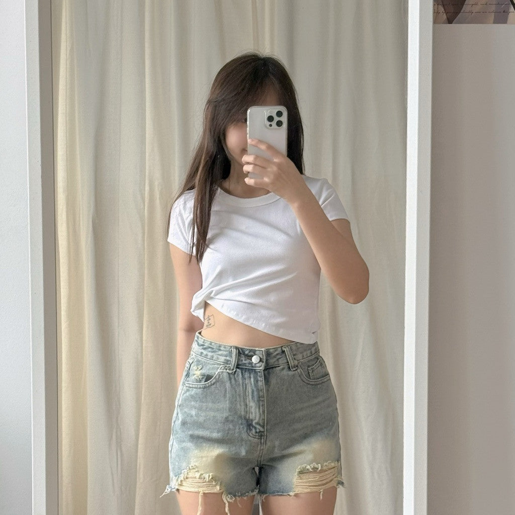 【T797】Vintage Ripped Jeans美式复古女高腰牛仔裤短裤