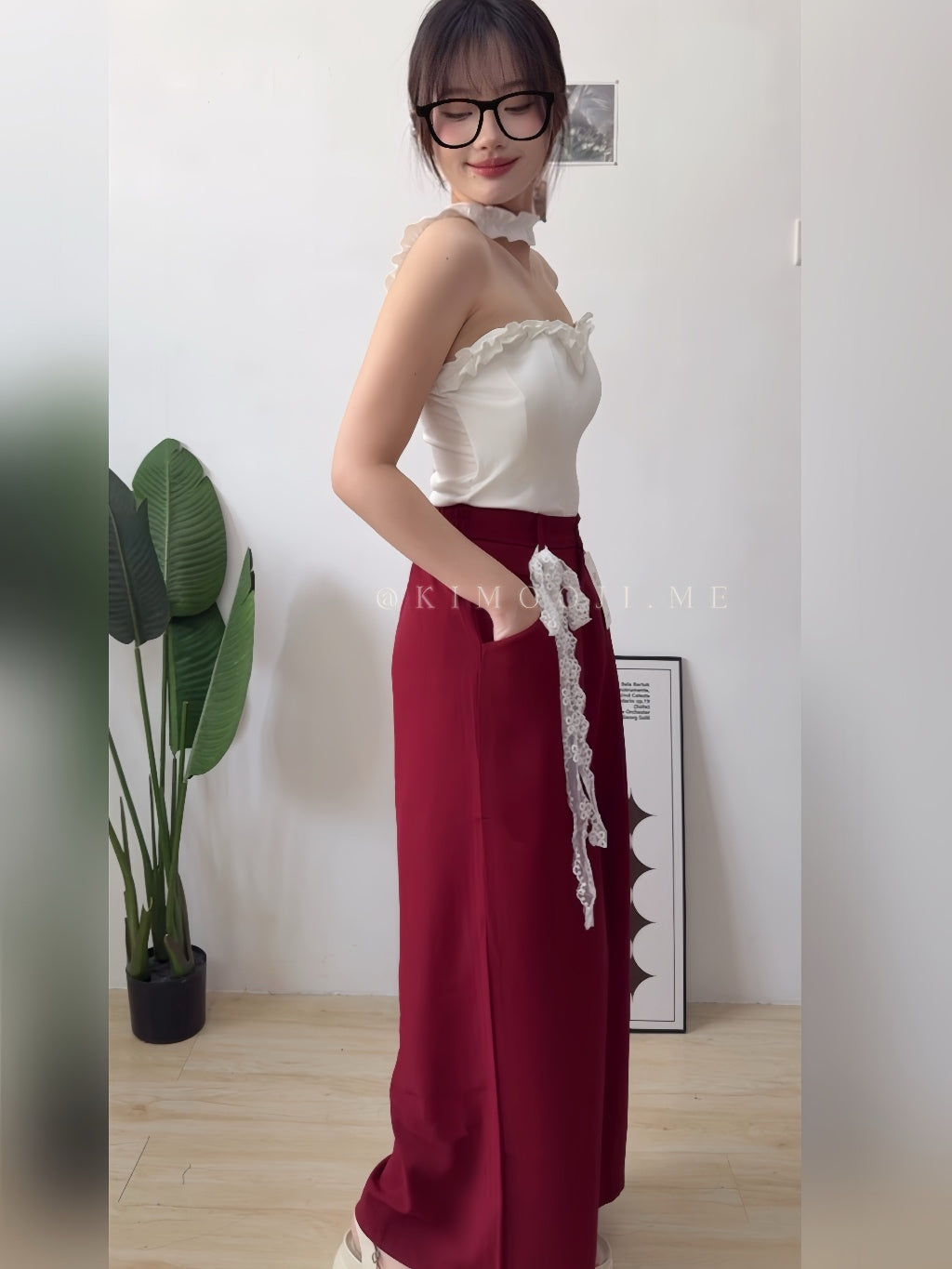 【T933】Lace Ribbon Wide Leg Pants 蕾丝绑带显瘦西装阔腿裤