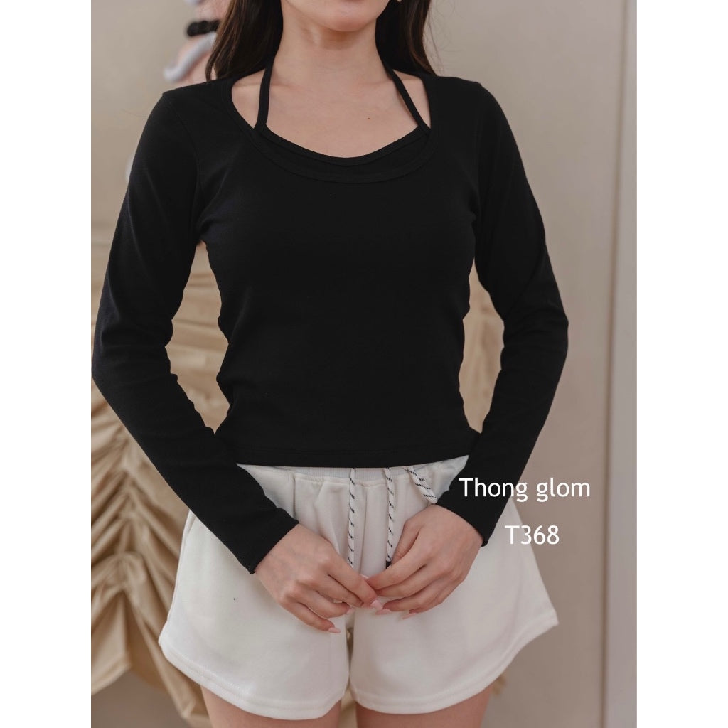 【T991】ThongGlom挂脖假两件纯棉长袖上衣女