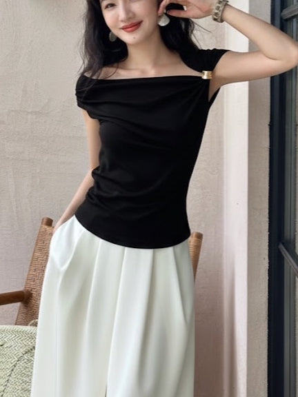 【T1079】自然露出锁骨 显瘦抓皱修身上衣