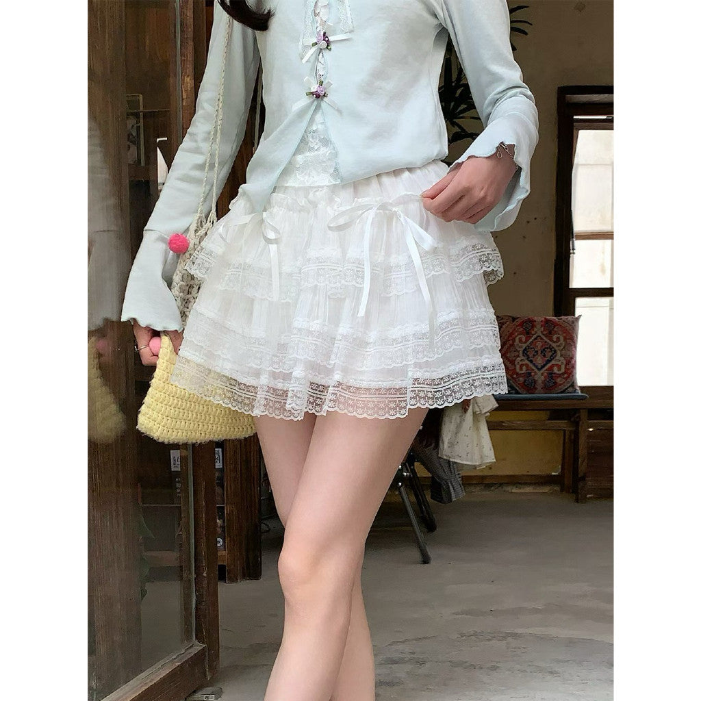 【T-1141】蕾丝蝴蝶结蛋糕裙 Sweet Tiered Ribbon Mini Skirt