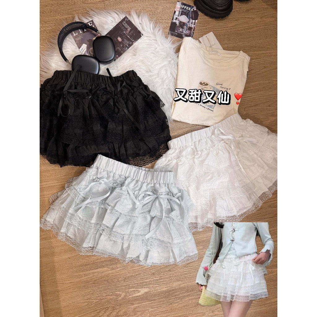 【T-1141】蕾丝蝴蝶结蛋糕裙 Sweet Tiered Ribbon Mini Skirt