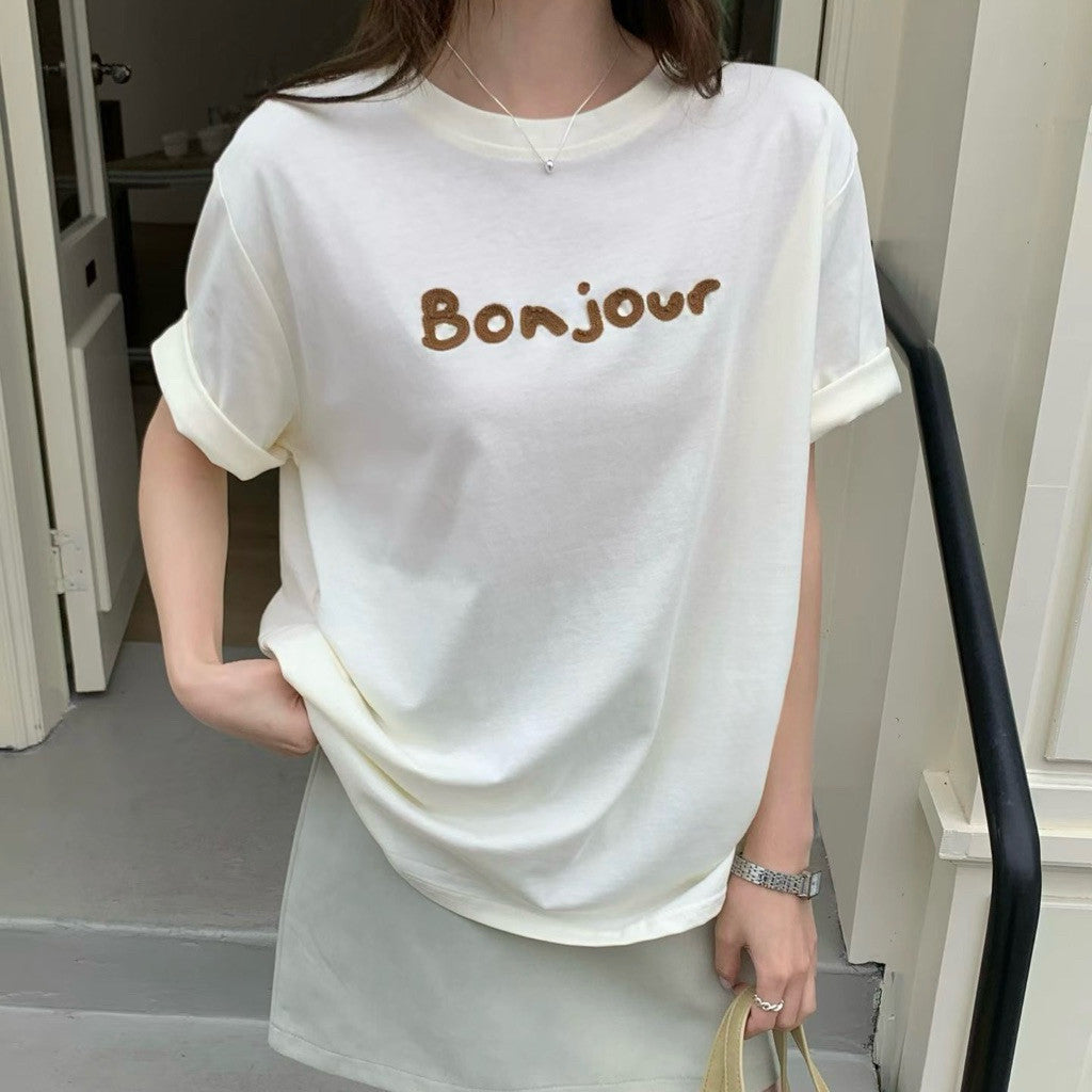 【T-1197】Bonjour～～简约爽肤棉刺绣字母Tee