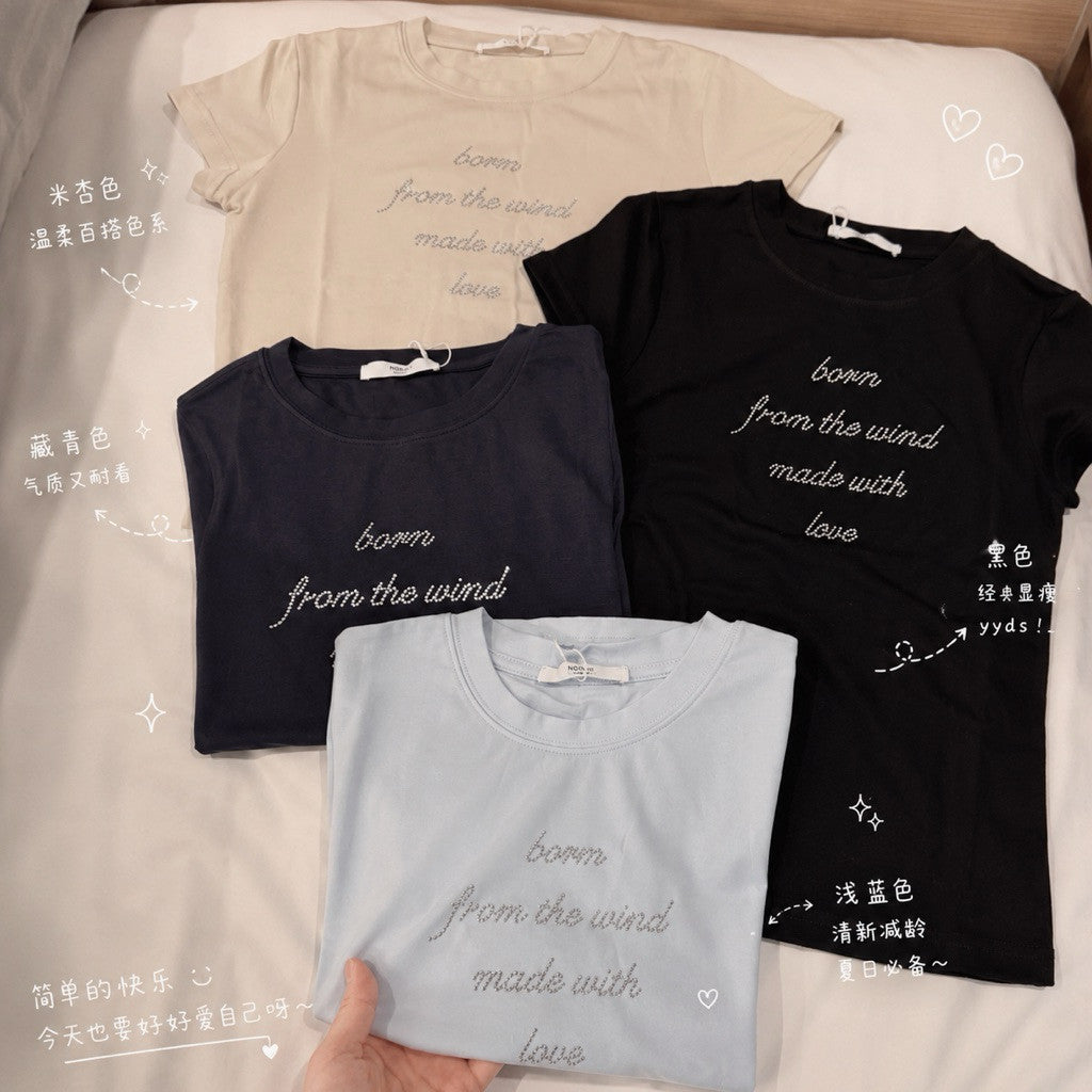 【T-1181】✨韩系修身Sparkle Tee 带钻女短袖上衣 显瘦辣妹T恤 Bling字母短版上衣 Clean Girl Top Free Size NF813
