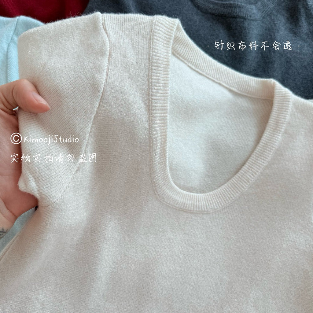 【T-1249】Basic Knitted Tee 纯色百搭 U领针织短袖Tee