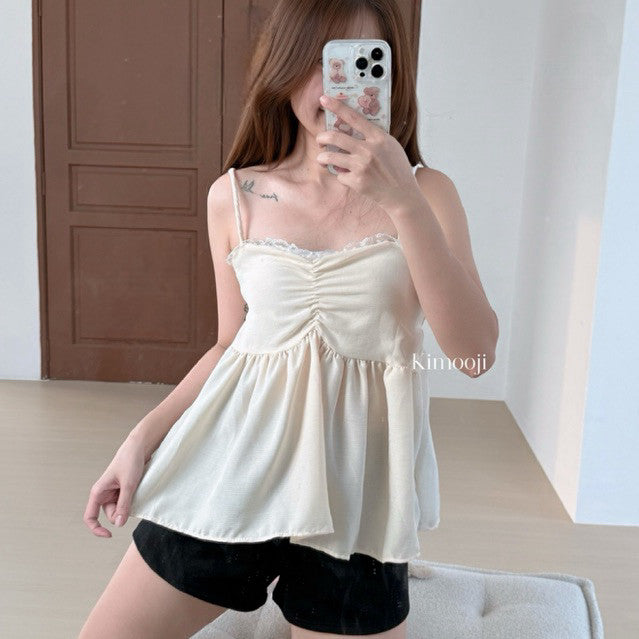 【T-1279】Sexy Back 度假风甜美蕾丝花边吊带上衣
