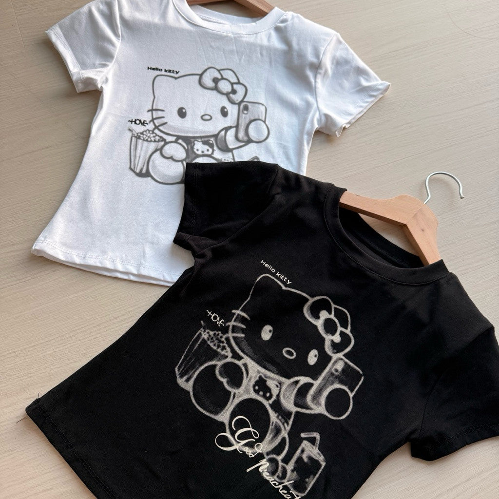 【T-1280】酷Girl 个性Hello Kitty 印花修身显瘦T恤上衣女 Cool Street Style Kitty Printed Slim Fit T-shirt Women Top