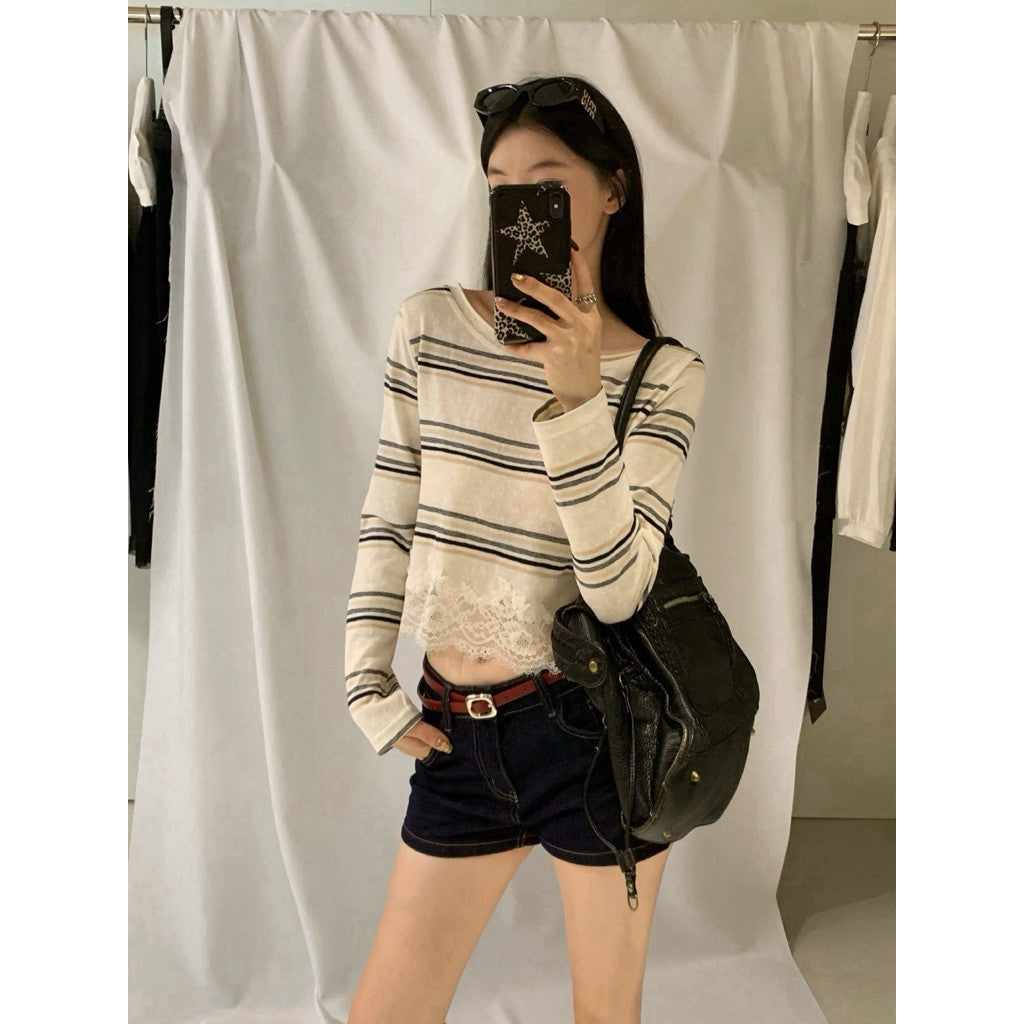 【T-1321】午后松弛☁️条纹蕾丝短款长袖手工绣花上衣 Women Long Sleeve Off Shoulder Stripe Top with Lace Casual Blouse 10889