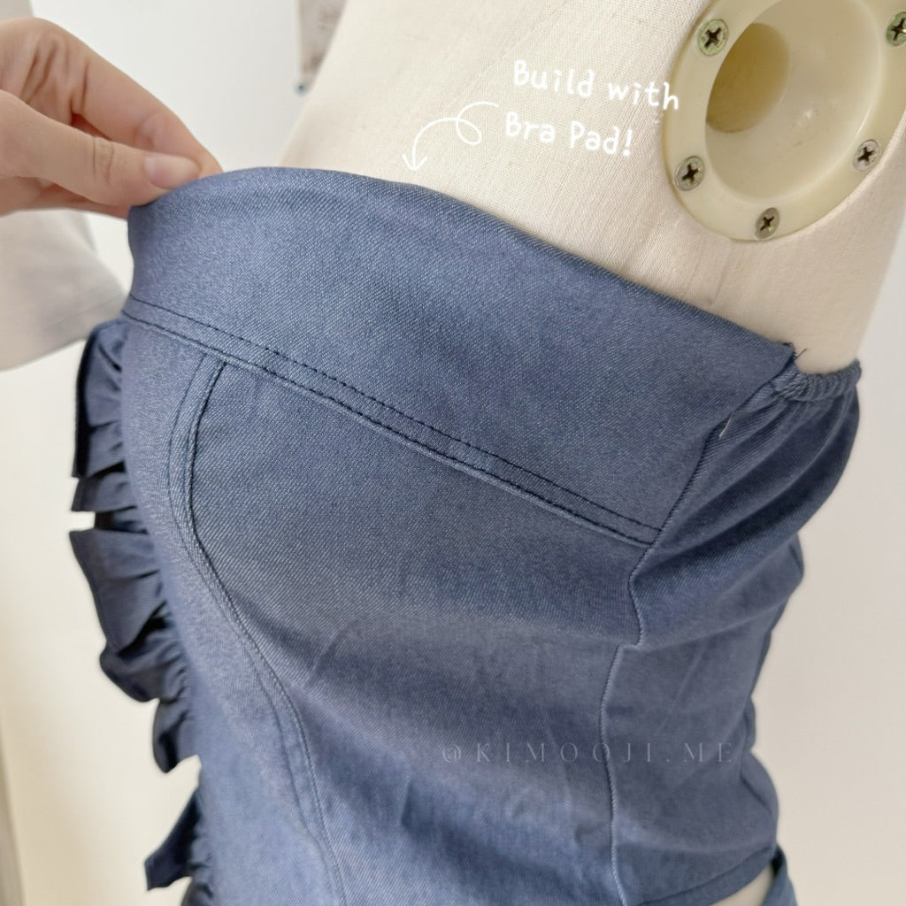 【T889】小个子Soft Denim Tank Tube Top + Pleated Inner Skirt