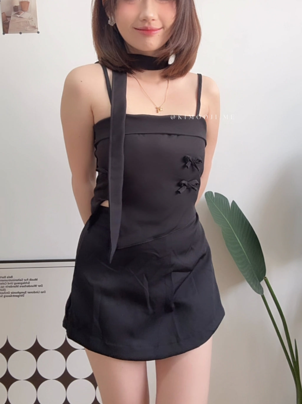 【T907】立体蝴蝶结Choker Set A line Skirt + Ribbon Singlet Top