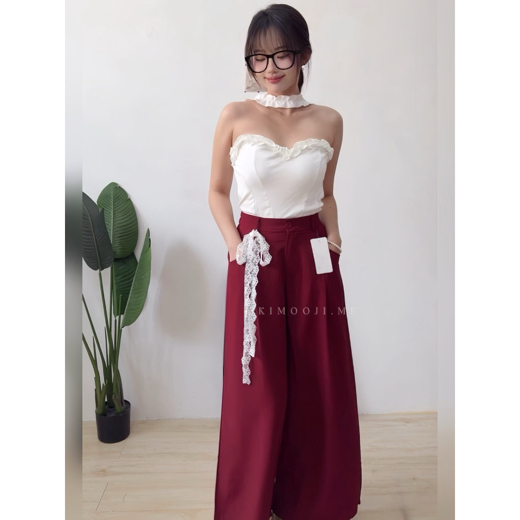 【T933】Lace Ribbon Wide Leg Pants 蕾丝绑带显瘦西装阔腿裤