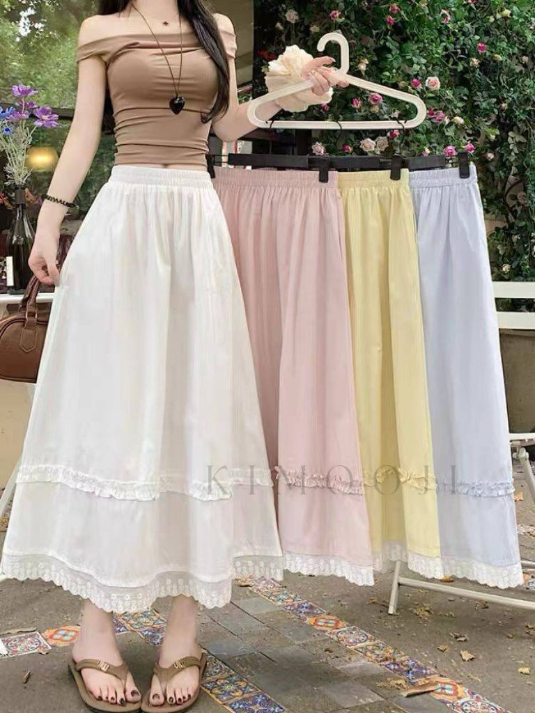 【T1006】双层蕾丝拼接雪纺半身长裙
