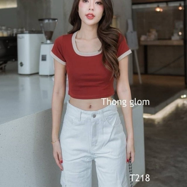 【T048】THONG GLOM 撞色棉短款上衣女