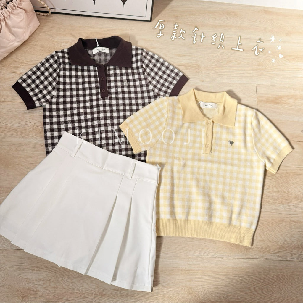 【T1082】WAYA 厚款～ 小清新格纹短款短袖女Tee