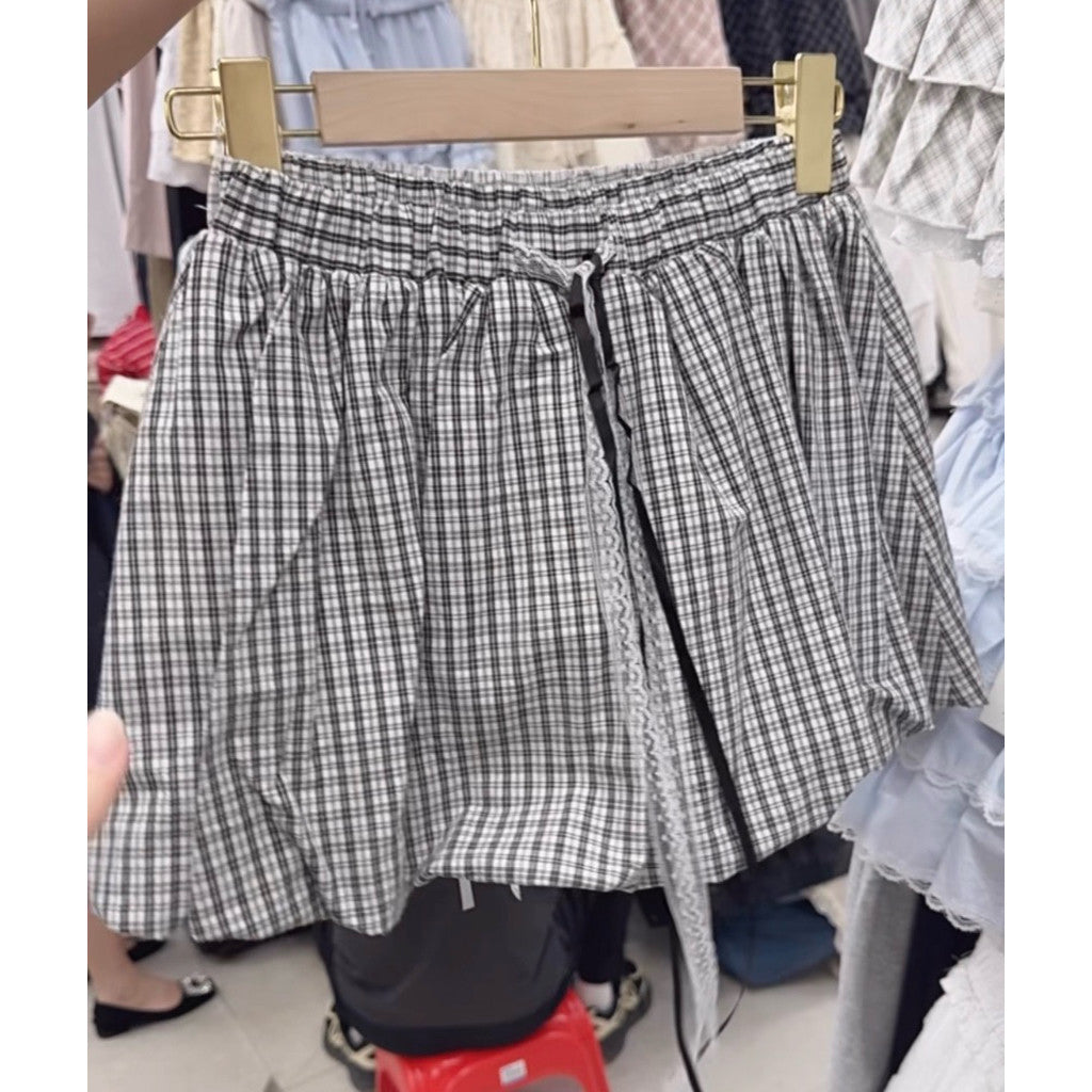 【T-1137】俏皮复古格纹花苞裙 自带安全裤~~