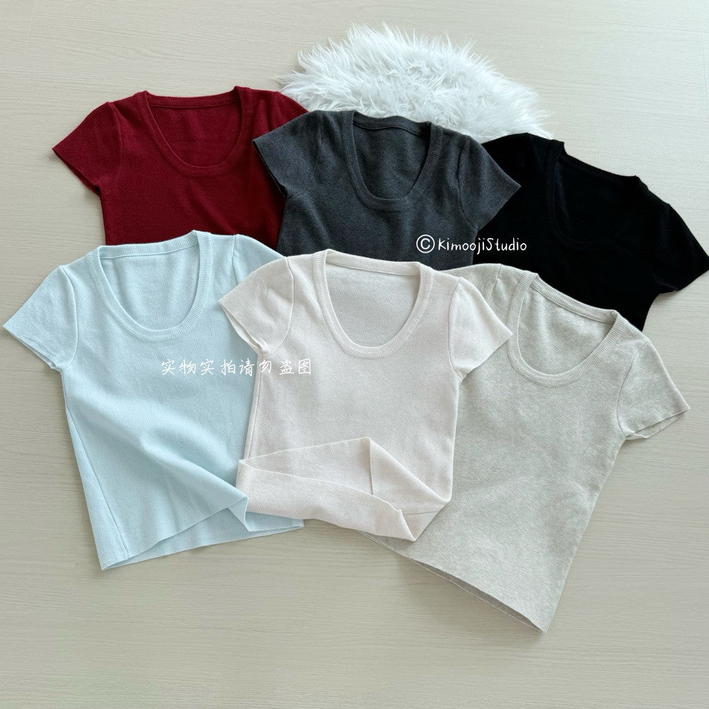 【T-1249】Basic Knitted Tee 纯色百搭 U领针织短袖Tee