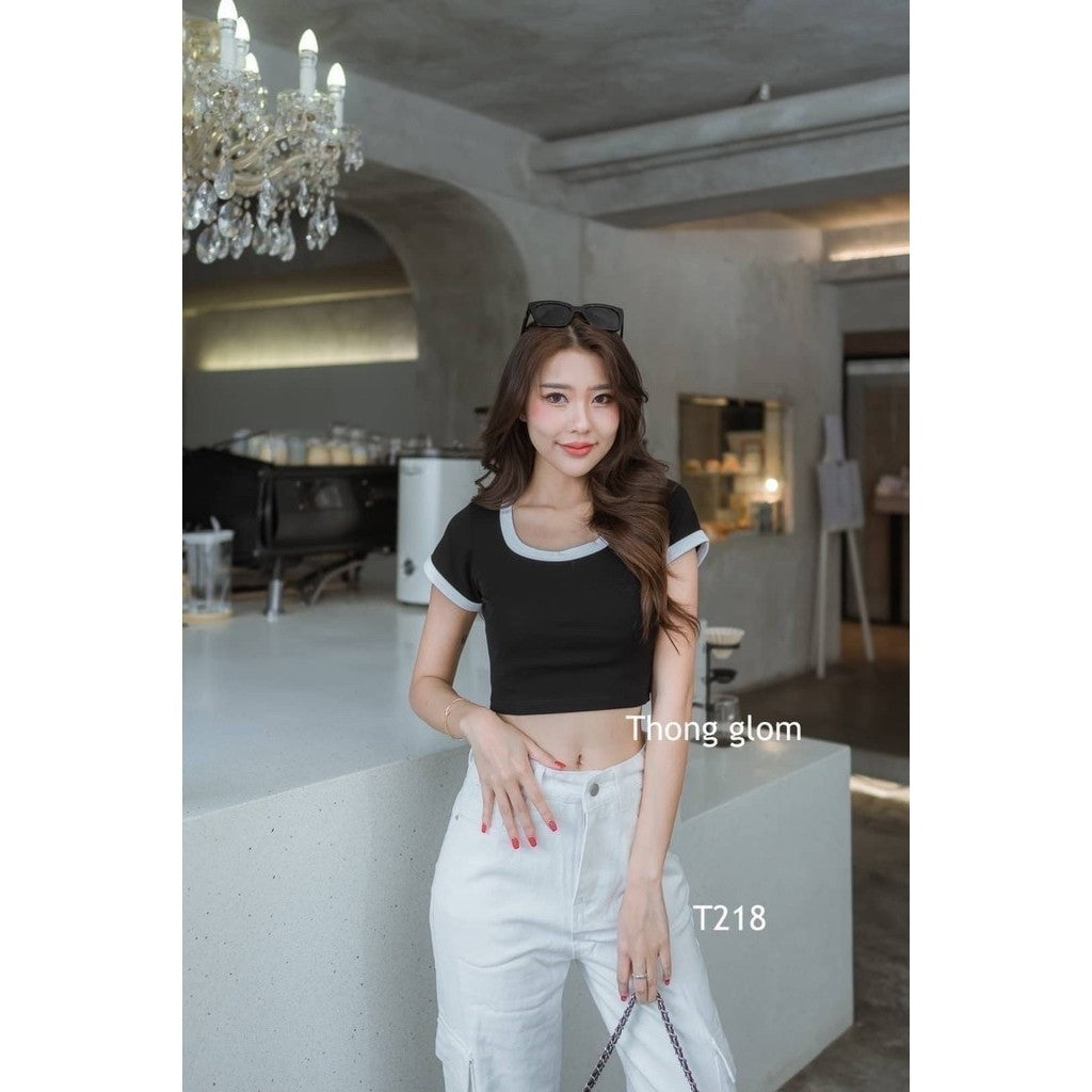 【T048】THONG GLOM 撞色棉短款上衣女