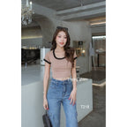 【T048】THONG GLOM 撞色棉短款上衣女