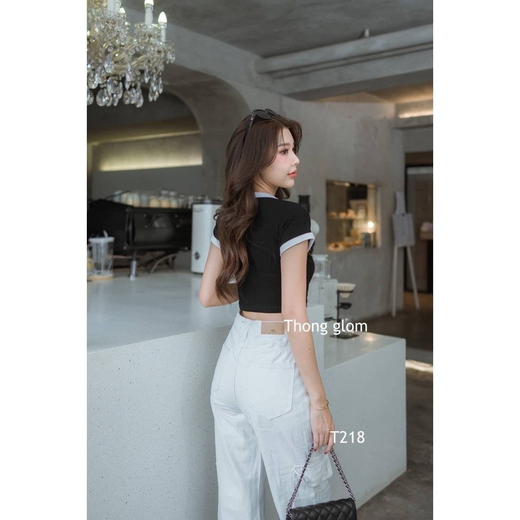 【T048】THONG GLOM 撞色棉短款上衣女