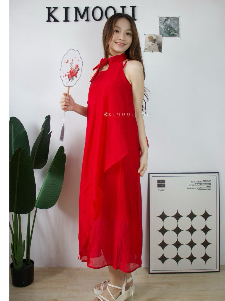 【T737】中式美女范 设计感不规则挂脖连衣裙