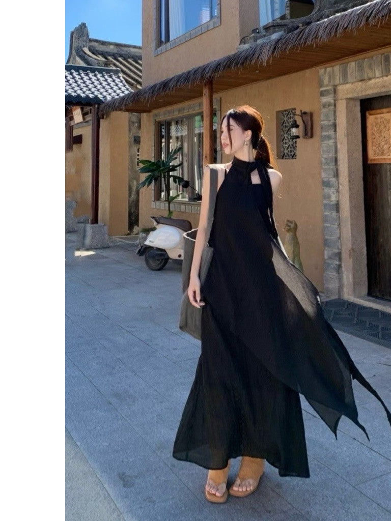 【T737】中式美女范 设计感不规则挂脖连衣裙